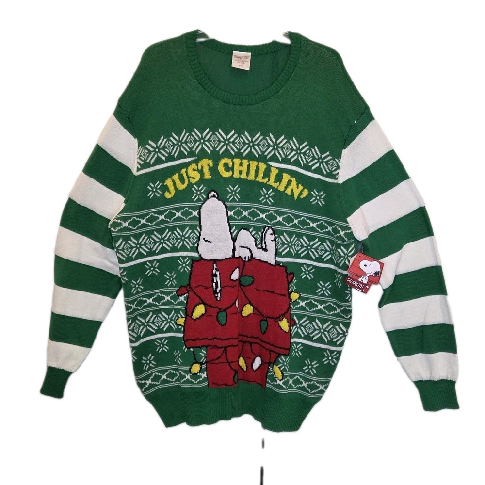 Peanuts Snoopy Mens XXL Green Just Chillin Christmas Holiday Sweater NWT 2XL